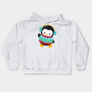 Christmas Penguin, Penguin With Sweater, Ear Muffs Kids Hoodie